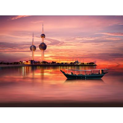 Fototapete PAPERMOON "KUWAIT-STADT-BOOT SKYLINE STRAND MEER GOLF PANORAMA", bunt, B:5m L:2,8m, Vlies, Tapeten