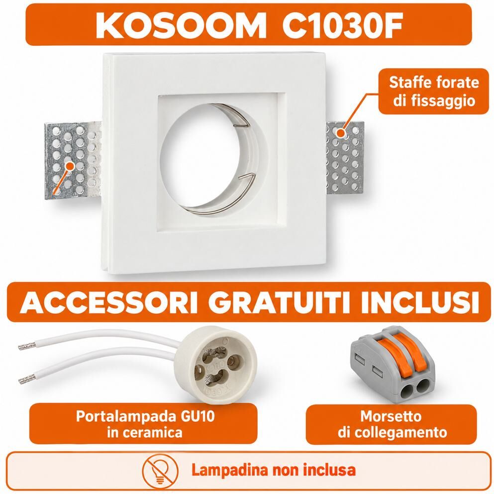 Kosoom C1030f Portafaretto Quadrato In Gesso Slim Da Incasso Verniciabile Gu10 Mr16
