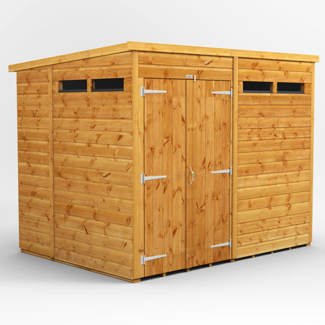 Powersheds 8 x 4ft Timber Tongue & Groove Security Pent Garden Shed, Double Doors Golden Brown 130.8cm W X 251.6cm D X 202.8cm H