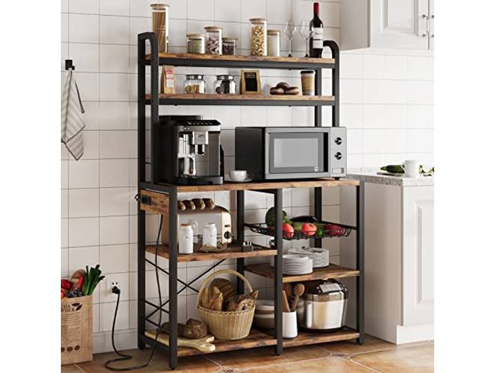 Bäckerregal mit Steckdose, 6 Etagen, Küchenregal mit Drahtkorb, Industriell Freistehend, offener Stauraum, Drahtkorb & Unterschrank, X-Rahmen Metall, für Küche Esszimmer Kaffeebar