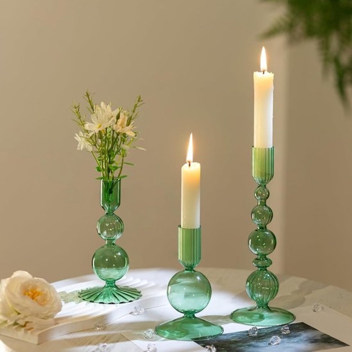 Set van 3 kleurrijke glazen tealight kaarsenhouders voor vintage decoratie
