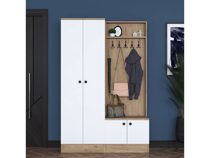 Meuble dentrée Vestiaire en Bois MDF noyer et blanc - L 119 6 × P 37 5 × H 182 8 cm - Style scandinave