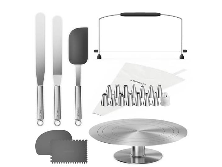 Kenwood Tortendekorationsset KWSD100, Deko-Set für Kuchen und Torten inkl. Tortenplatte, Spritzbeutel, 3 Teigschaber, Winkel- und Streichpalette und Tortensäge, Edelstahl
