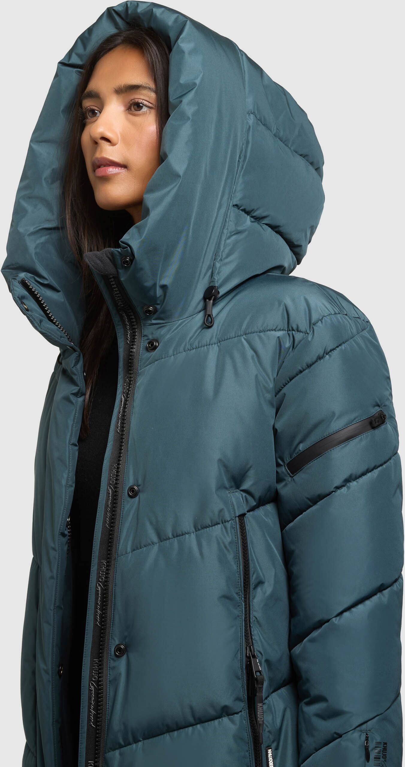 Steppmantel KHUJO "PULSET2", Damen, Gr. L, leafy grün, Web, Obermaterial: 100% Polyester. Futter: 100% Nylon. Wattierung: 100% Polyester, unifarben, kniebedeckend, elastischer Bund, Mäntel Steppmantel, seitliche Schlitze mit Druckknöpfen leafy grün L