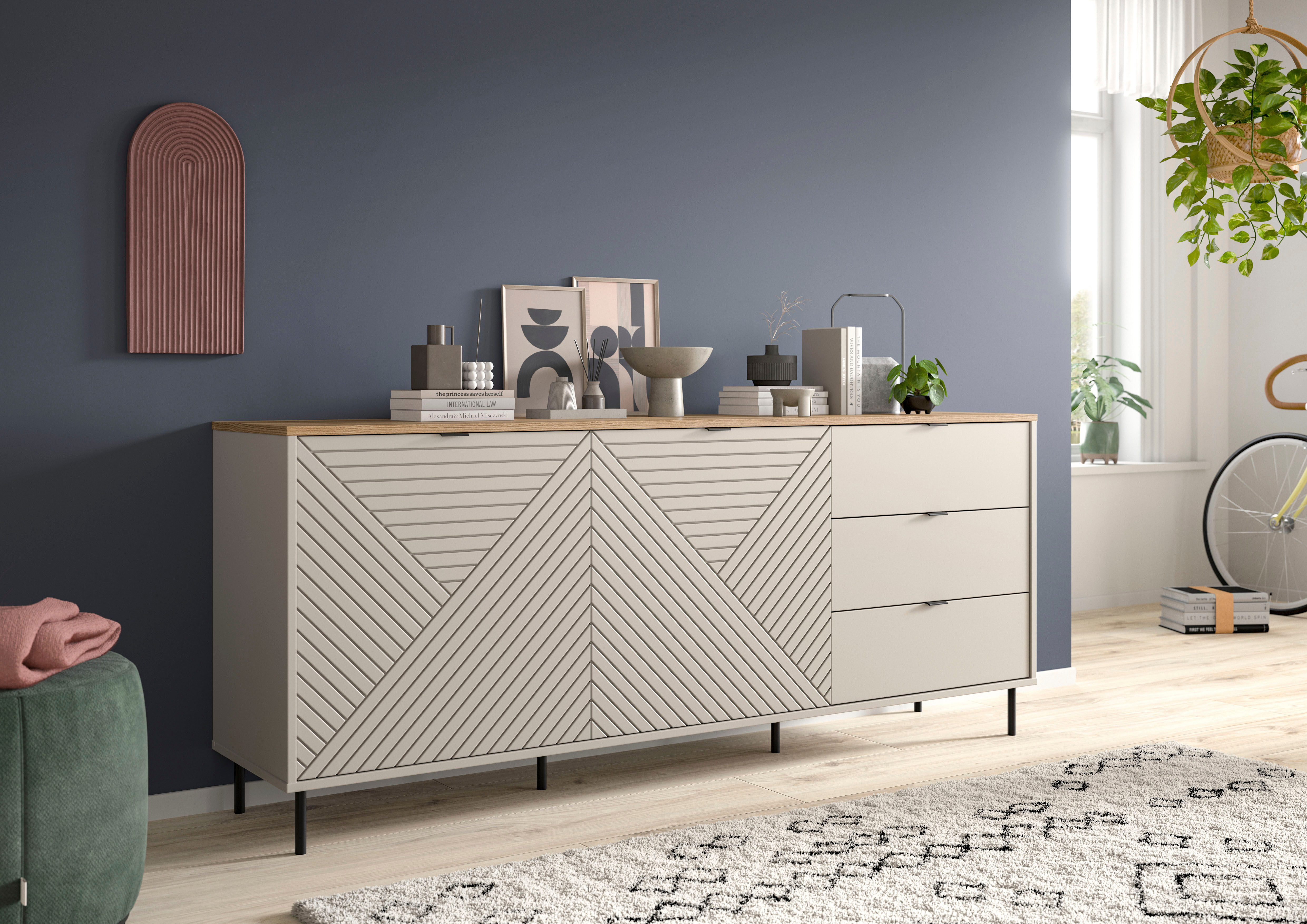 Sideboard HOME AFFAIRE "RAITA, Breite 184 cm, Front mit Desgin-Fräsung, 2 Türen, viel Stauraum", beige (kaschmir, evoke oak nachbildung), B:184cm H:75cm T:40cm, Sideboards, Sideboard, Kommode, Anrichte, Schrank, Highboard, TV-Board kaschmir, evoke oak nac
