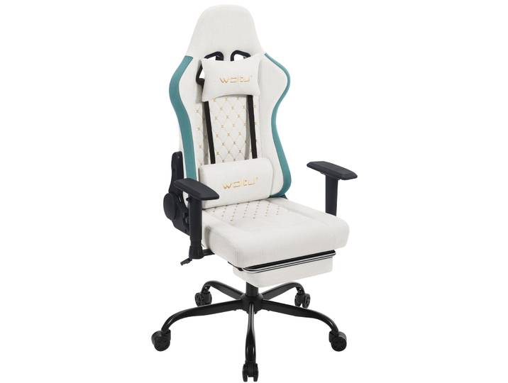 Chaise de jeu pivotante WOLTU avec massage, chaise de bureau ergonomique pour gamer avec roulettes, appui-tête, repose-pieds et coussin lombaire