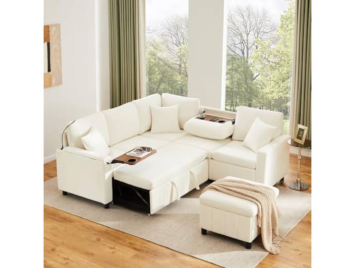 BTM Ecksofa mit Schlaffunktion, Ausklappbarer Couchtisch, Beige mit Hocker, Leselampe, USB&Type-C, Getränkehaltern, verstecktem Tisch