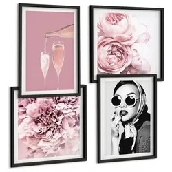 BILDER SET 4er Set - 50x50 cm & 40x60 cm Schwarzer Rahmen - Blumen, Pfingstrosen, Rosen, Eleganz