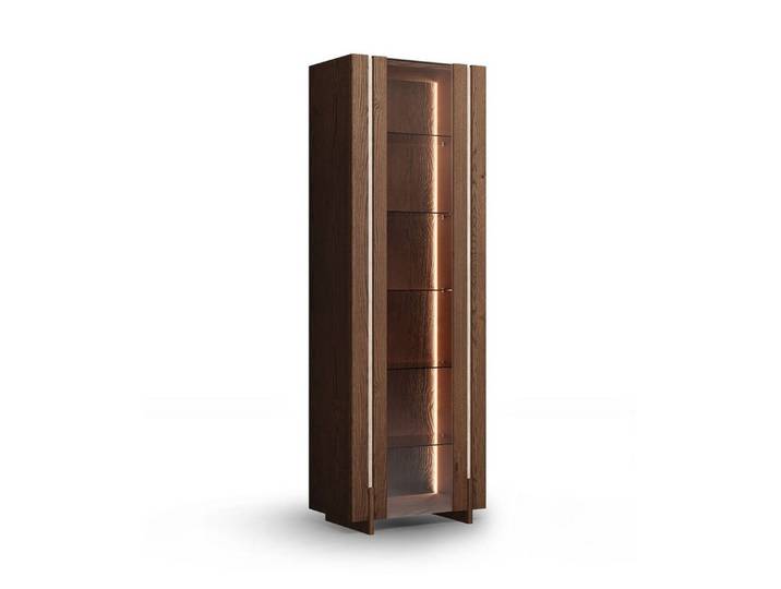 Feldmann-Wohnen Vitrine Travertino (mit Tür, mit Einlegeböden, mit Glaseinsatz, mit Beleuchtung, 1-St., mit Tür, mit Einlegeböden, mit Glaseinsatz, mit Beleuchtung) 68x41x206cm Massivholz Wildeiche Tabak, mit Travertin Naturstein