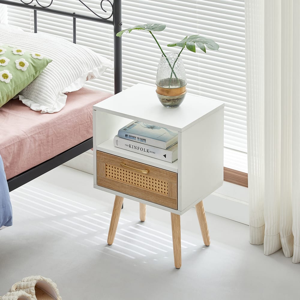 Urban Meuble Table de chevet scandinave blanche avec tiroir cannage Blanc 40x55x30cm