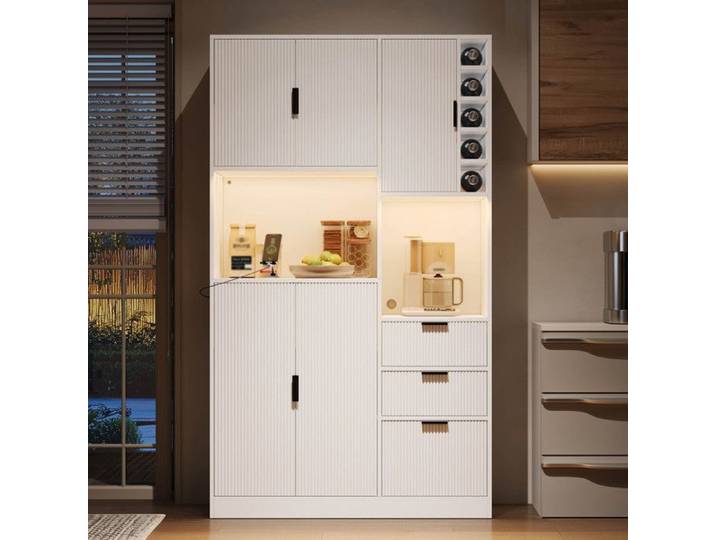 Piaenon - buffet de Cuisine Armoire 105 x 40 x 180 cm avec lumières LED 3 tiroirs 5 portes prise port USB-C blanc.