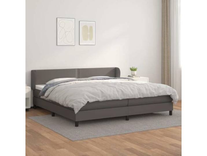 Boxspringbett Kunstleder 200 x 200 cm, Grau mit Matratze mit Nägeln massives Lärchenholz, höhenverstellbares Kopfteil, 2 Taschenfederkernmatratzen, Topper inklusive, Flach mit Nägeln