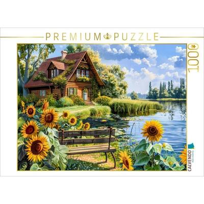 CALVENDO Puzzle Cottage Haus am Wasser mit Sonnenblumenfeld davor | 1000 Teile Lege-Größe 64x48cm Foto-Puzzle für glückliche Stunden