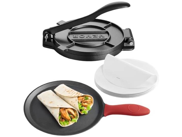 VEVOR Presse à Tortillas en Fonte Résistant\, Appareil à Chapati de 25 cm\, Presse à Burrito avec Poignée et 100 Feuilles de Papiers-Parchemins\, Tawa pour Tortilladoras\, Rotis Indiens\, Cuisine