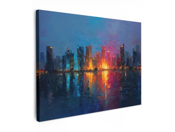 MuchoWow Leinwandbild - Skyline - Pinselstriche - Dunkelblau - Leuchtend - 80x60 - Malerei, Blau, Textil, Kiefer, Abstrakt, Rechteckig, 80x60 cm, gerahmt, Bilder & Rahmen, Bilder, Wandbilder