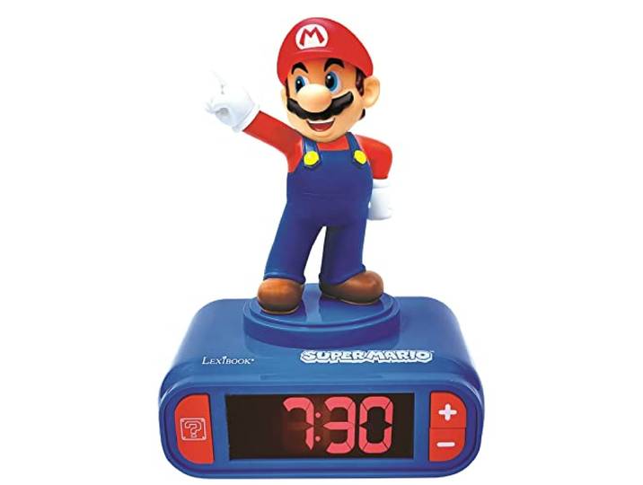 Lexibook\, Mario Réveil Veilleuse\, RL800NI Sons et mélodies\, écran LCD rétroéclairé\, lumineux\, snooze\, Rouge/Bleu