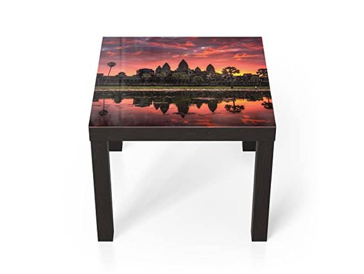 DEQORI Glastisch schwarz klein 55x55 cm Motiv Angkor Wat in Morgenröte ausgefallener Beistelltisch aus Glas Hochglanz Couchtisch fürs Wohnzimmer moderner Couch Tisch mit Design
