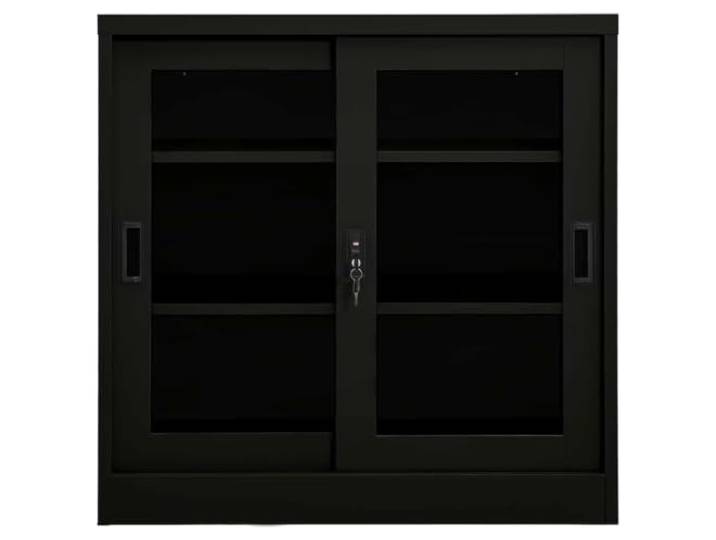 NKOPPFG Schrank mit Schiebetür Schwarz 90x40x90 cm Stahl 2 Einlegeböden, Schloss, gehärtetes Glas, für Akten, schmale Gänge, begrenzter Platz