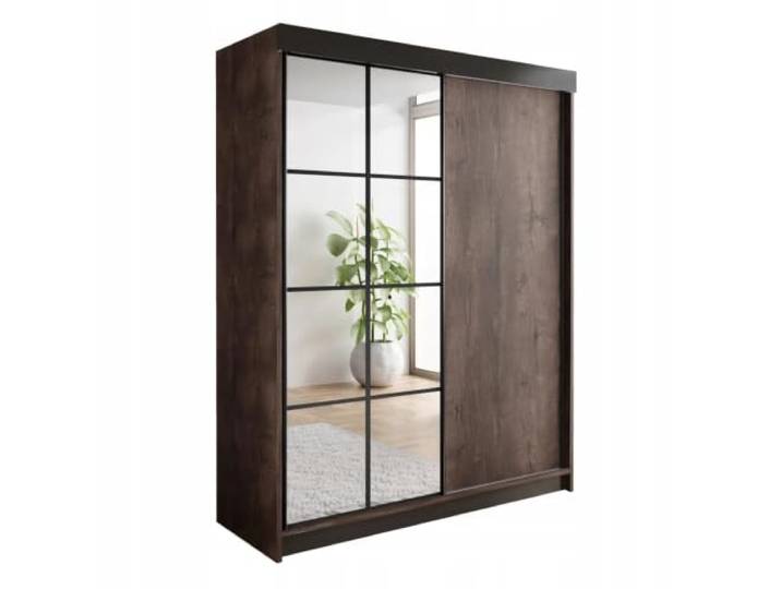 KIER FURNITURE Schiebeschrankmit Spiegel ARI Dunkle Esche 200x200x62 cm Geräumiger, Schiebeschrank mit platzsparenden, Türen und Stauraum für Kleidung, Wäsche und Accessoires