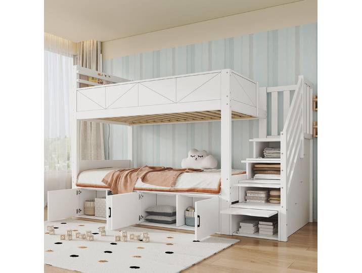 REDOM Etagenbett Kinderbett mit integrierter Aufbewahrung, Holzbett (90x200cm, Treppenstauraum, Sicherheitsrand und Regalfächern), Stauraumbett Gästebett, ohne Matratze