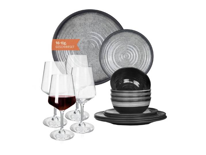 Moritz Geschirr-Set Camping Geschirr Stone Grey + Milano Rotweingläsern