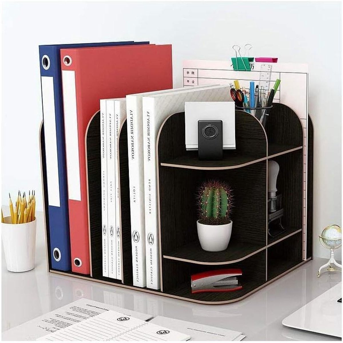 Houten Boekenrek en Bureau Organizer met Displayplank, Zwart