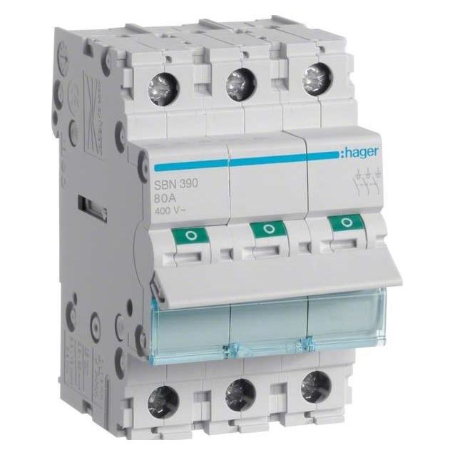 Hager SBN390. Nennstrom: 100 A, Spulenspannung (max): 440 V. Module Menge (max): 3 Modul(e). Breite: 52,5 (SBN390)