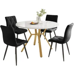 STILVORA Essgruppe rund Tisch und 4 Stühle MDF Marmoroptik Schwarz+Gold 100x100x75 cm mit Metallgestell, Samtstühle ergonomisch