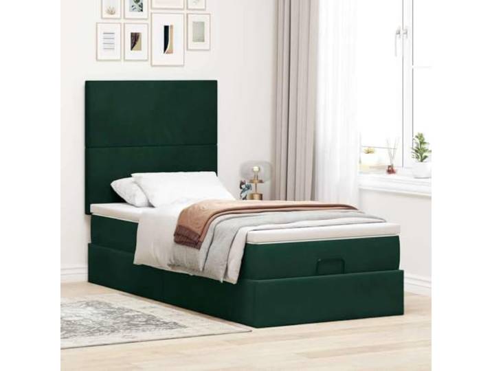 KTHLBRH Pouf Bett 90 x 200 cm Samt dunkelgrün Taschenfederkernmatratze, Behälter mit hydraulischem Anheben, Kopfteil im Lieferumfang enthalten