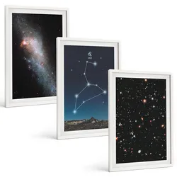 BILDER SET 3er Set - 40x60 cm Weißer Rahmen - Galaxie im Sternbild Löwe