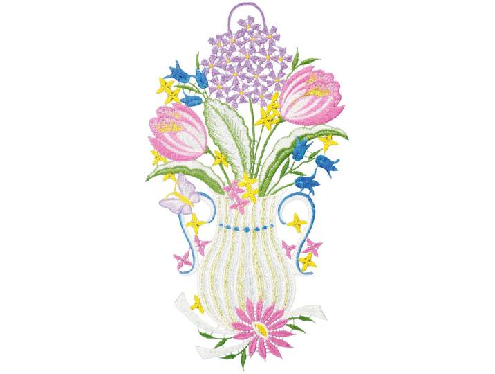 Fensterbild Fensterbild Frühlingsvase farbig , bunt, B:15cm H:26cm, Polyester, W. REUTER & SOHN - PLAUENER SPITZE, Fensterbilder, Fensterbild