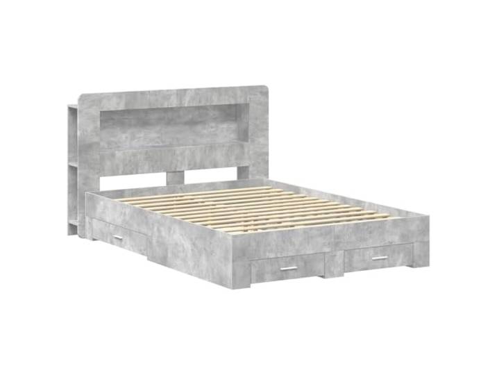 PUGYNBK Bettgestell mit Aufbewahrung, Betongrau Langlebiges Holz, integrierte Schubladen, vertikale Regale, modernes Design, einfache Montage