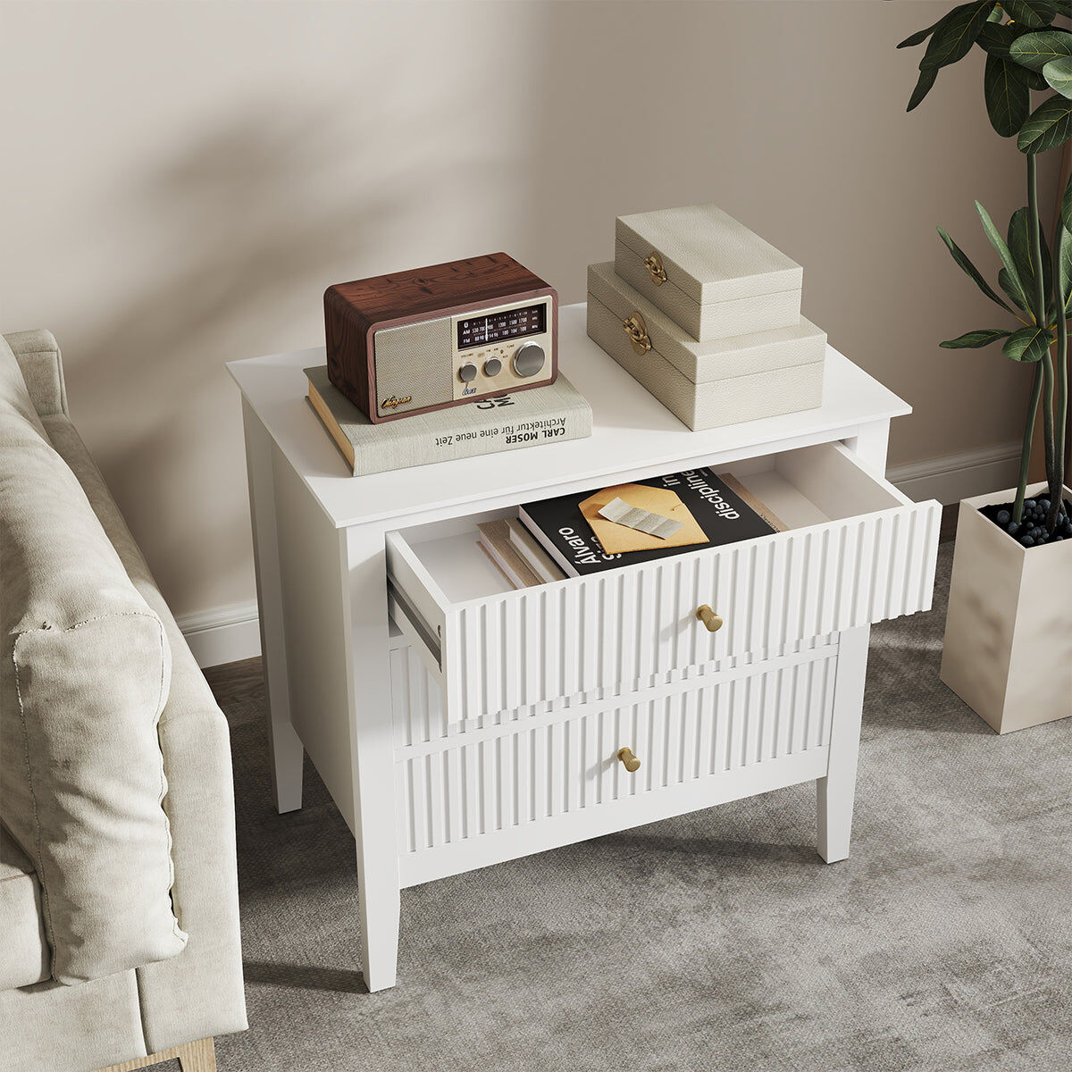 Large 3 Drawer Bedside Table - Hales White Range Manufactured Wood, Metal