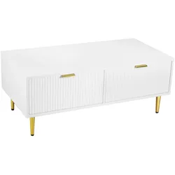 Merax Moderner weißer Couchtisch mit goldenen Akzenten, 2 Schubladen, vertikales Streifendesign, 100*50*40cm, Wohnzimmer Couchtisch, Sofa Kurzschrank