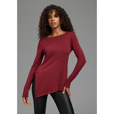 Strickpullover BRUNO BANANI "mit asymmetrischem Saum und seitlichem Schlitz", Damen, Gr. 32/34, rot (dunkelrot), Strick, Obermaterial: 70% Viskose, 30% Polyamid, unifarben, Basic, figurbetont hüftbedeckend, Rundhals, Pullover Strickpullover,...