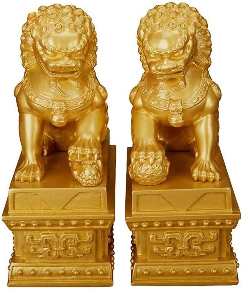 Paar Goudkleurige Koperen Leeuwen Beelden - Traditionele Chinese Wacht voor op Tafel