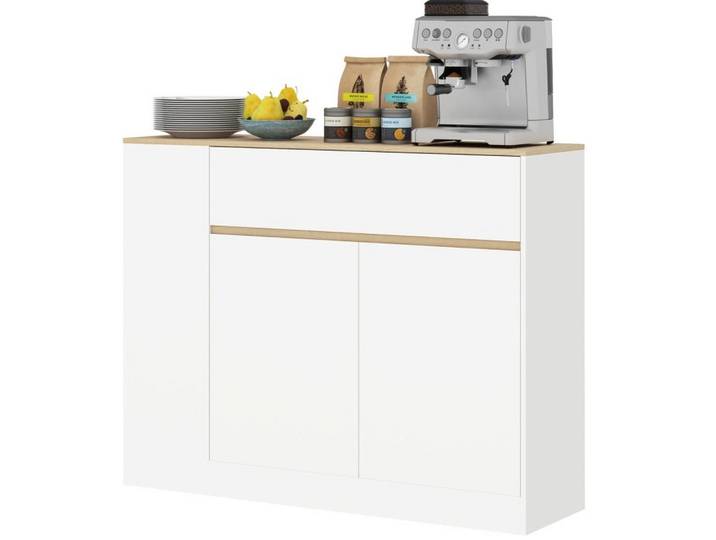 Modfu Sideboard aus Holzwerkstoff 105x30x81,5 cm Weiß mit Schublade, verstellbaren Einlegeböden und Kippschutz, 105x81.5x30 cm, Kleinmöbel, Kommoden, Sideboards