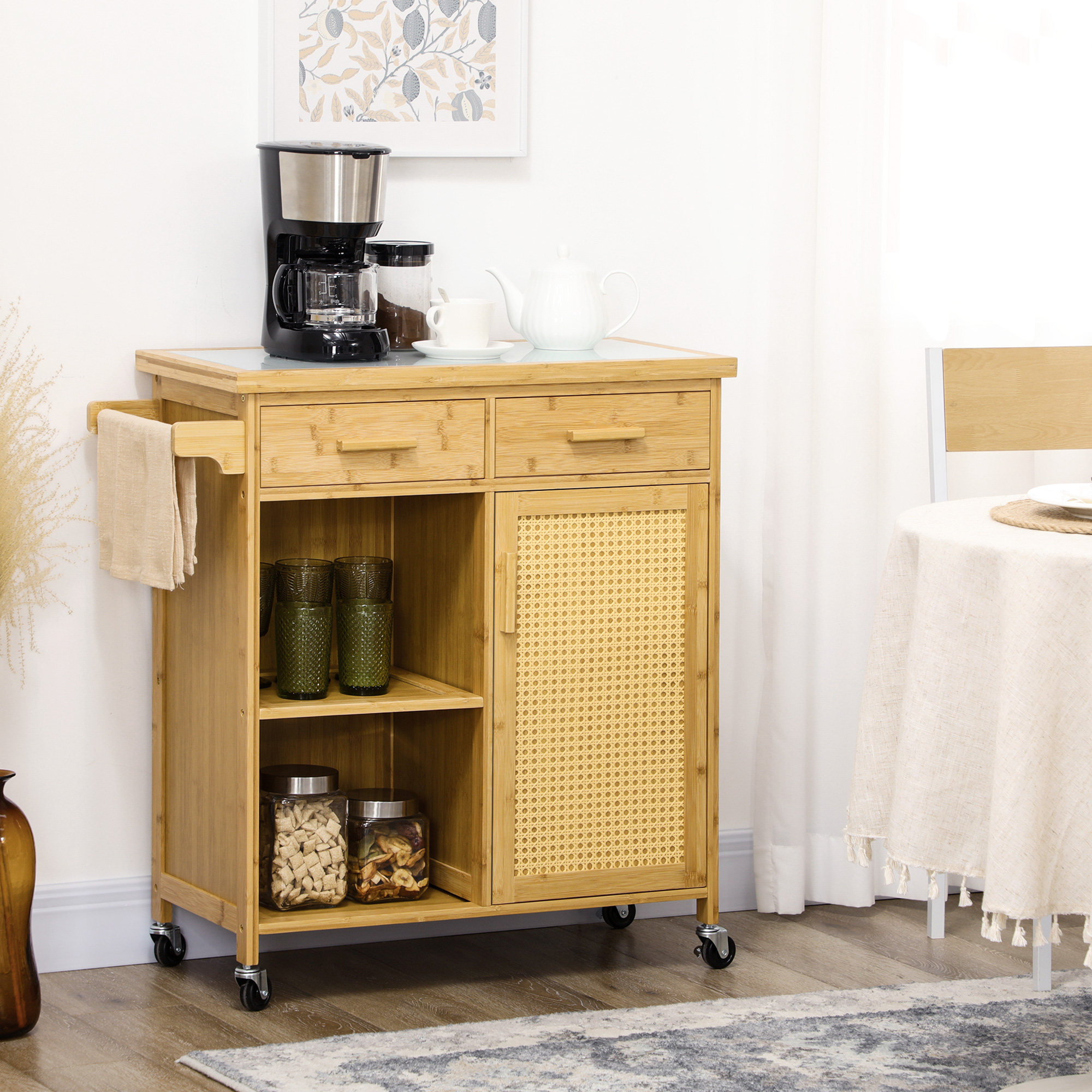 Homcom Carrello da Cucina in Bambù, Carrello Multifunzionale di Servizio con 2 Cassetti, 1 Armadietto e 2 Ripiani, Naturale   Aosom Italy