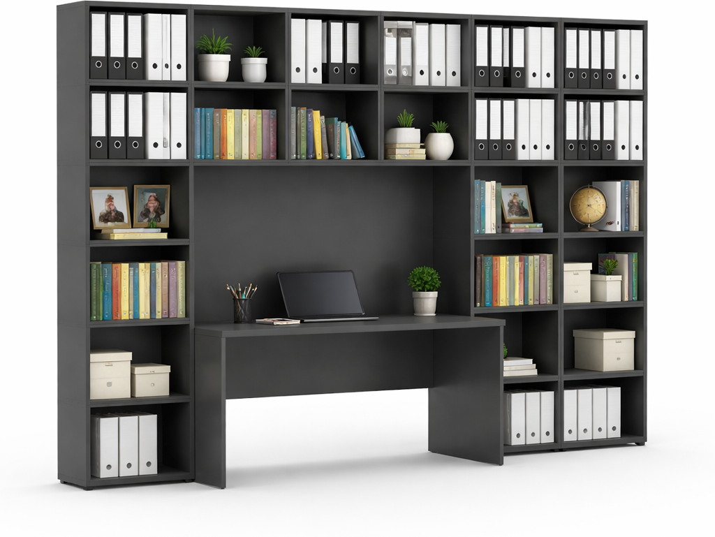B2B Partner Bücherwand INTEGRO mit integriertem Tisch, höher/breiter, 3550 x 700/400 x 2300, Graphit