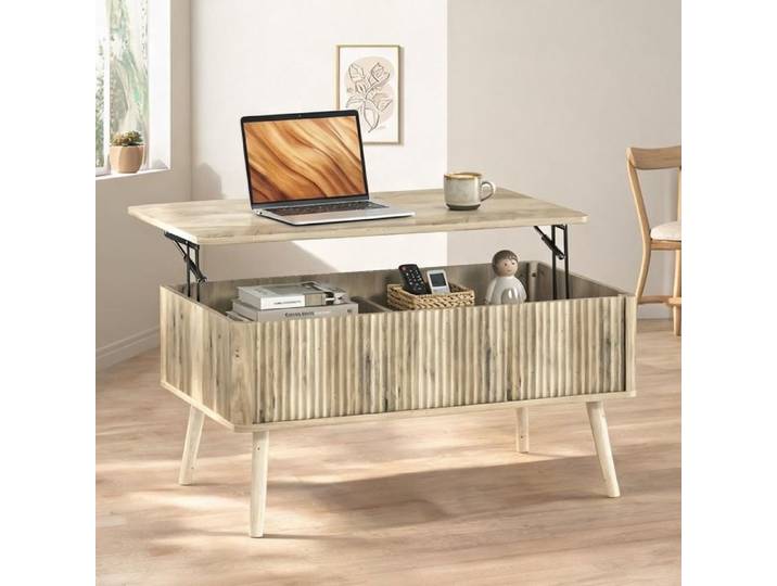 Table basse relevable design contemporain en MDF finition chêne 2 compartiments cachés 91x56x43 cm