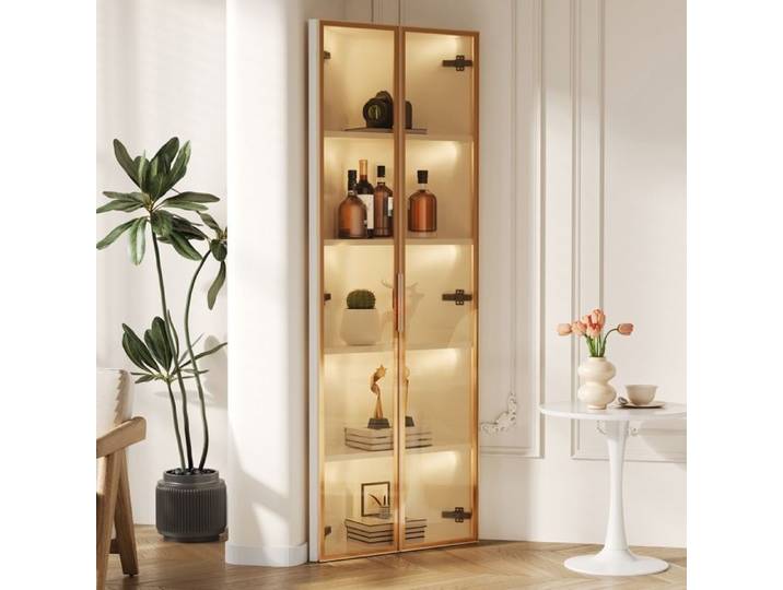 Vitrine d'angle avec éclairage LED - MODERNLUXE - 62x35x160 cm - Blanc - Verre trempé - Éclairage LED intégré