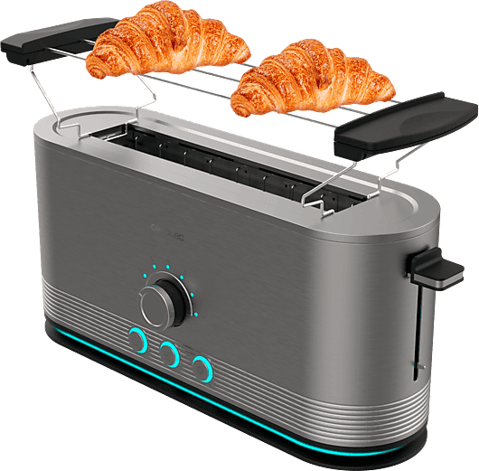 Tostadora - Cecotec Shine&Toast; Extra, 1050 W, Aviso luminoso, Ranura larga y ancha, Calienta panecillos, 7 Niveles, Plata