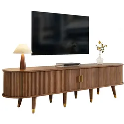 TV-Schrank 175x38x45 Walnussoptik mit Rattan-Schiebetür, Landhausstil, MDF, Schubladen und Stauraum für TV & Dekoration
