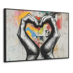 LEINWAND Bilder mit Rahmen - Hände - Herz - Straßenkunst - Graffiti - 90x60