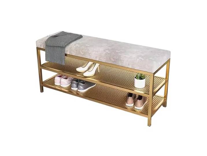 MARIYCH Samt-Schuhregalbank, Moderne gepolsterte Eingangsbank, 3-stufige Bettbank mit goldenem Metallrahmen, 2-in-1-Ottomane-Bank für Schlafzimmer