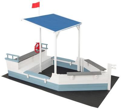 Costway Pirate Ship Sandbox with Canopy with Bench Seats and Bottom Liner-White