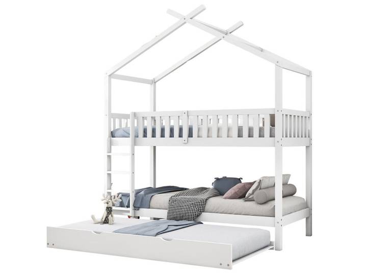 Modfu Etagenbett aus Kiefernholz 90x200 cm in Weiß mit Ausziehbett, Holz, 90x200 cm, Babymöbel & Kindermöbel, Kinderzimmer & Jugendzimmer, Stockbetten
