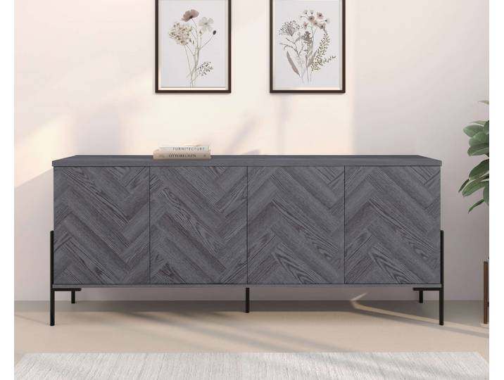 Sideboard OTTO HOME Eadwine , grau (grau eiche), B:175cm H:75cm T:38cm, MDF, Sideboards, Sideboard, Kommode, Push-to-open, Türen mit Fischgräten Muster, Breite 175 cm