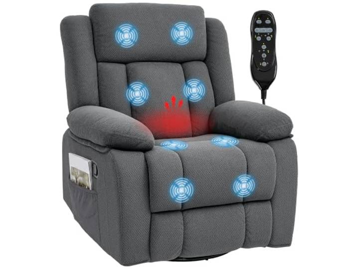 HOMCOM Relaxsessel Drehbar Fernsehsessel mit Vibrationsmassage Wärme Grau Massagesessel mit Liegefunktion bis 150°, Wippfunktion, TV-Sessel mit Fernbedienung, Seitentasche, für Wohnzimmer