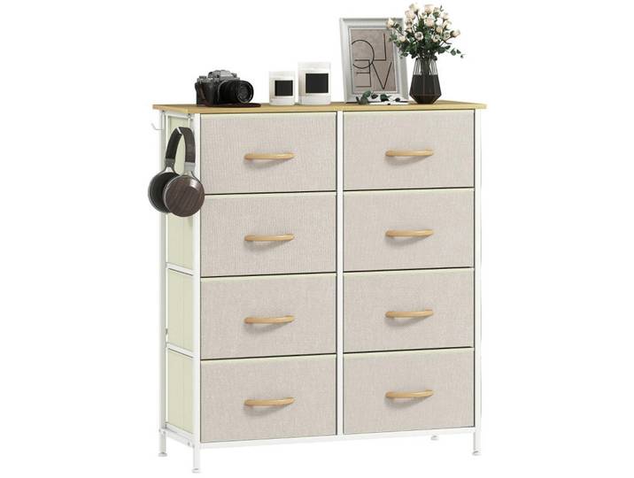 ComfortXL Kommode De-38790 86/30/94,5 cm 8 Stoffschubladen und seitliche Taschen Beige, Metall, 86x94.5x30 cm, Kleinmöbel, Kommoden, Kommoden